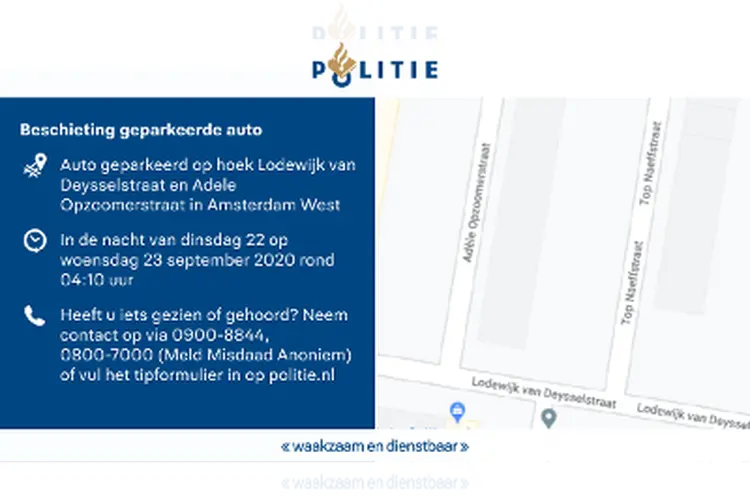 Beschoten auto Lodewijk van Deysselstraat: politie zoekt getuigen
