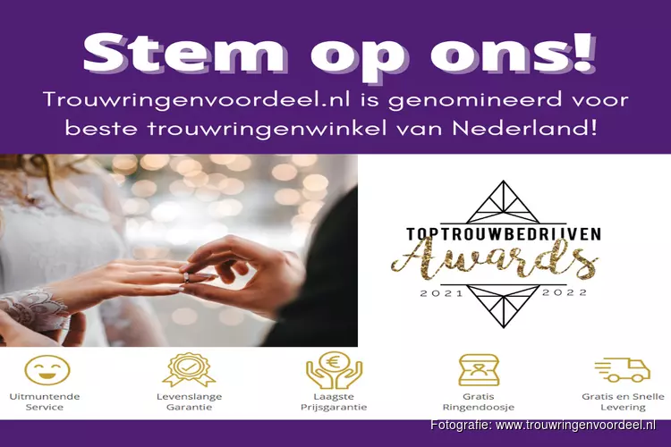 Trouwringenvoordeel.nl is genomineerd voor de Toptrouwbedrijven Awards 2021/2022 in de categorie trouwringen!